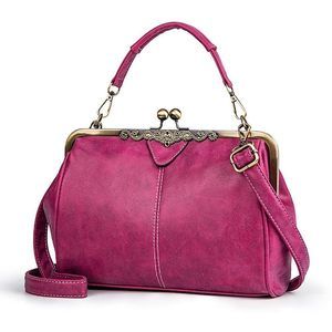 Handbag Leather Shoulder Bag Kiss Lock Top Handle Satchel Purse :]